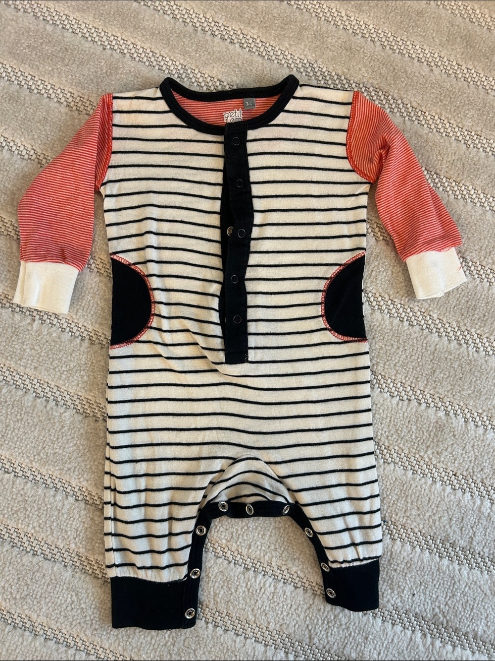 Petit Lem Striped Cream & Black One-Piece with Coral Sleeves